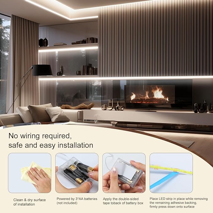 Battery Powered LED Strip Lights, 3.3FT COB LED Strip Light, Battery Operated LED Lights, White LED Strip Lights Battery Powered for Closet, Cabinet, Shelf, Kitchen, DIY Lighting