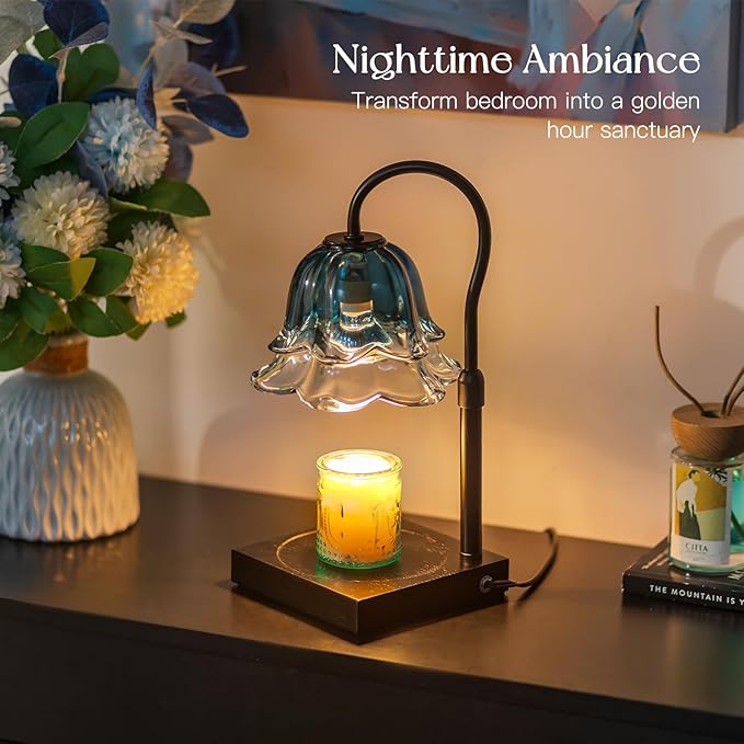 Candle Warmer Lamp with Timer: Navy Blue Flower Candle Warming Lamp with 2 Bulbs Height Adjustable Wax Warmer Dimmable Bedroom Decor Mothers Day Birthday Gift for Women