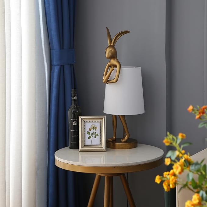 Cute Rabbit Animal Table Lamp,Big Size 25.6", Gold Resin Bunny Decor LED Desk Light,White Linen Shade,Home Eye Protection Lamp Office Study Bedside Small Bunny Light (25.6" White Shade)