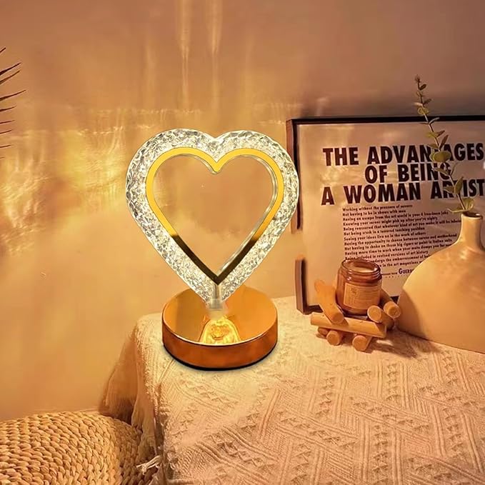 Crystal Table Lamp, Touch Control Nightstand Light with 3Color Temperature, USB Rechargeable Bedside Light for Bedroom Living Room Desktop Bar Cafe Office Indoor Decoration(Love Heart)