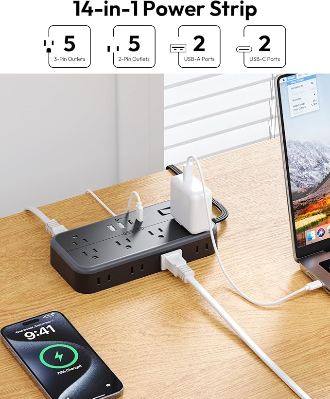 NTONPOWER Surge Protector Power Strip 5 Ft Cord, 10 Widely Spaced Outlets, 4 USB Port(2 USB C Port), Ultra Thin Flat Plug Extension Cord 5 Feet, 2700J Surge Protection for Home Office Garage, Black