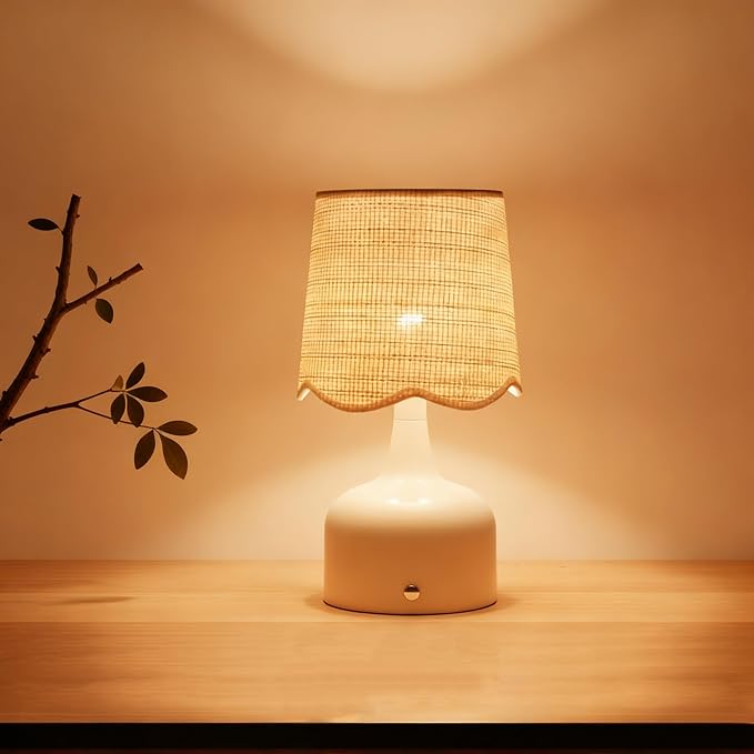 Cordless Boho Table Lamp Beige, Scalloped Wicker Shade, 5200-mAh Rechargeable Battery, 3-Way Dimmable, Build-in Integrated LED 320 Lumen Max, for Bedside Living Room