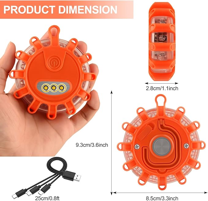 Meliya USB C Rechargeable LED Road Flares Emergency Lights with Magnetic Base, 9 Strobe Options Roadside Emergency Warning Car Safety Beacon Flashing Disc Flare Kit (Red Lights, 3 Pack)