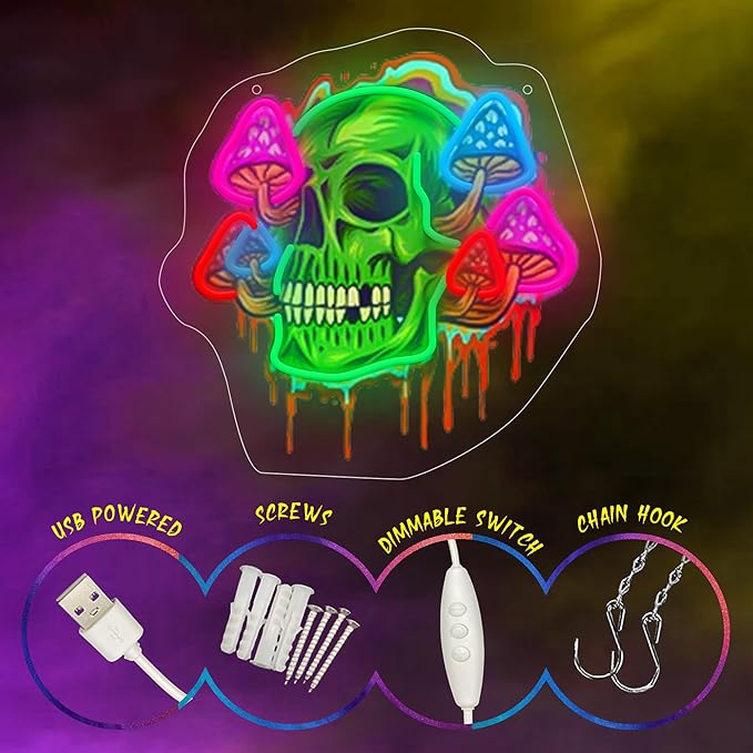 Psychedelic Skull Neon Sign with Printed Backboard, LED Neon Wall Art with Colorful Mushrooms for Man Cave, Bar, Game Room & Studio Decor, USB Powered Birthday Holiday gifts