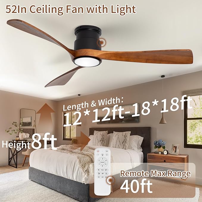 52inch Ceiling Fan with Lights,Flush Mount Wooden Ceiling Fans with Remote Control,Dimmable Light,3 CCT,6 Speeds,Noiseless DC Motor,Ceiling Fan for Bedroom,Living Room,Office,Indoor,Dark Brown