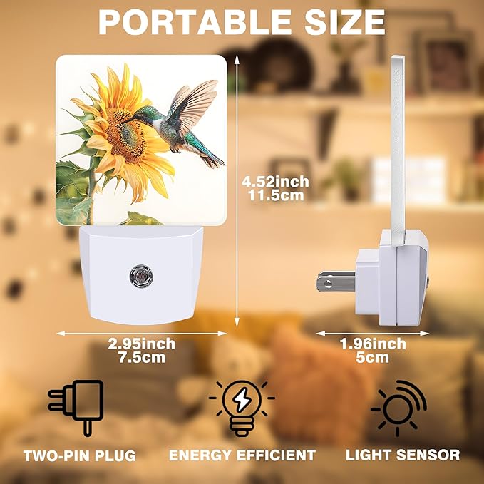 Night Light Hummingbird and Sunflower Night Lights Plug into Wall Smart Dusk to Dawn Sensor 0.5W Energy Efficient Led Lamp for Men Women Bedroom Bathroom Hallway Stairway Decor