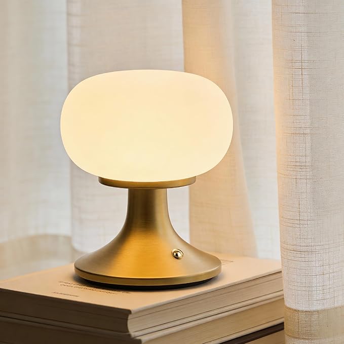 Cordless Table Lamp, LED Mushroom Lamp with Glass Shade & Stepless Dimming, Touch Control Nightstand Lamp for Bedroom,Living Room,Dining Table