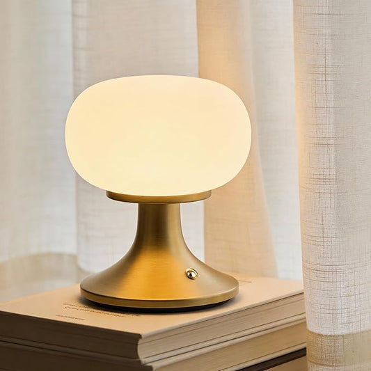 Cordless Table Lamp, LED Mushroom Lamp with Glass Shade & Stepless Dimming, Touch Control Nightstand Lamp for Bedroom,Living Room,Dining Table
