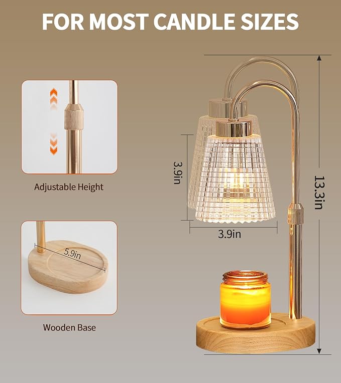 Gold Candle Warmer Lamp with Timer and Dimmer,Fragrance Electric Wax Melt Warmer with 2 Bulbs,Scented Jar Lamp,Mother's Day/Birthday/Christmas Gifts for Mom/Wife,Home Decor,Adjustable Height