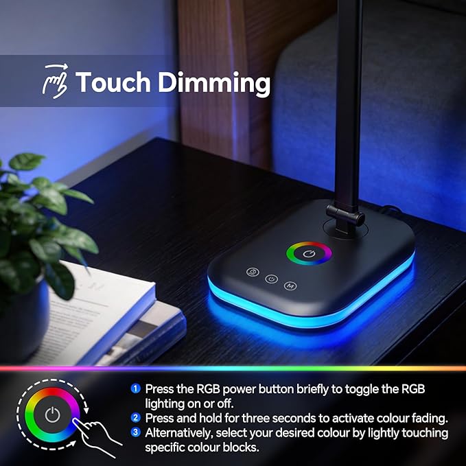 Bright LED Desk Lamp for Office Home, 10%-100% Stepless Dimmable & 5 Color Temperatures, Eye Caring Desk Light for Office, Study, Craft, Puzzle, Nail, Sewing | USB Charging | 45 Min Timer | RGB