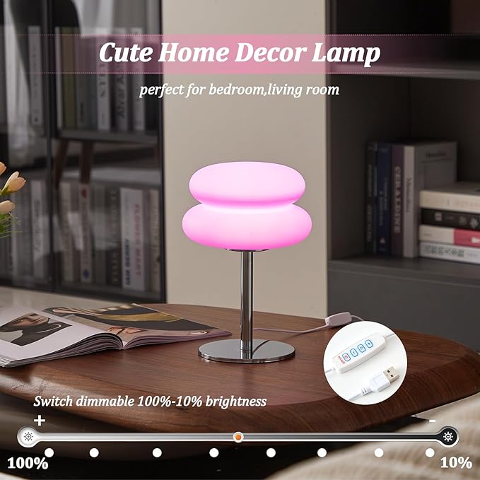 Pink Mushroom Lamp, Mid Century Modern Lamp for Nightstand, Dimmable Retro Egg Tart Bedside Lamps, Home Decor Ambient Lighting Aesthetic Cute Lamps for Bedroom Living Room (NOT Glass)