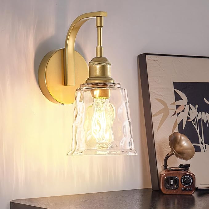 Gold Wall Sconces, Modern Brushed Gold Sconce Wall Lighting, Vintage Glass Light Fixtures for Bathroom Vanity Mirror Living Room Bedroom Kitchen Hallway Stairway E26 Hardwire