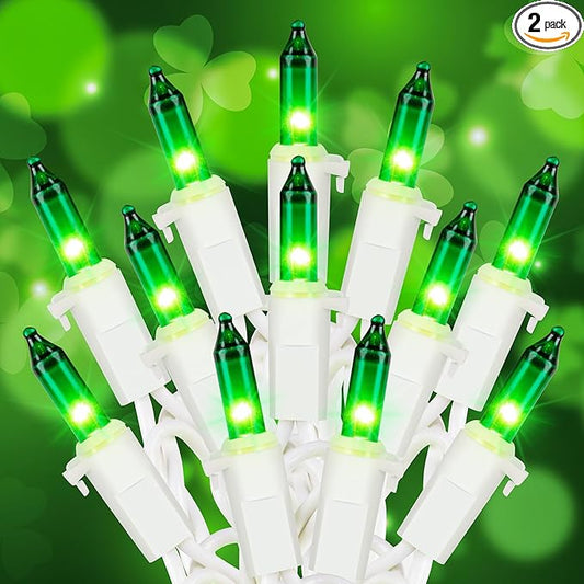 Hopolon St. Patrick's Day String Lights,2 Pack 13FT 50Count Green Mini Lights White Wire,Incandescent Christmas Tree Lights Connectable for Indoor Outdoor Holiday Patio Party Home Decorations