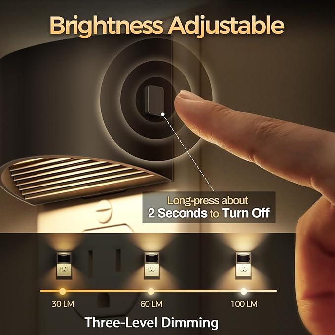 DORESshop LED Night Light[2 Pack], Night Lights Plug into Wall, 3 Level Brightness Adjustable Plug in Night Light, Dusk to Dawn Sensor, Nightlights for Adults, Bedroom, Bathroom, Hallway, 3000K
