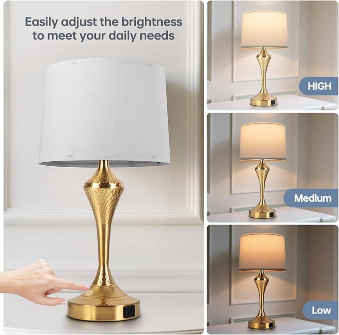 2 Pack Modern Touch Control Table Lamps with USB-C & USB-A Ports, 3-Way Dimmable Bedside Lamps, E26 Base Bulbs Included, for Bedroom Living Room, (Gold)