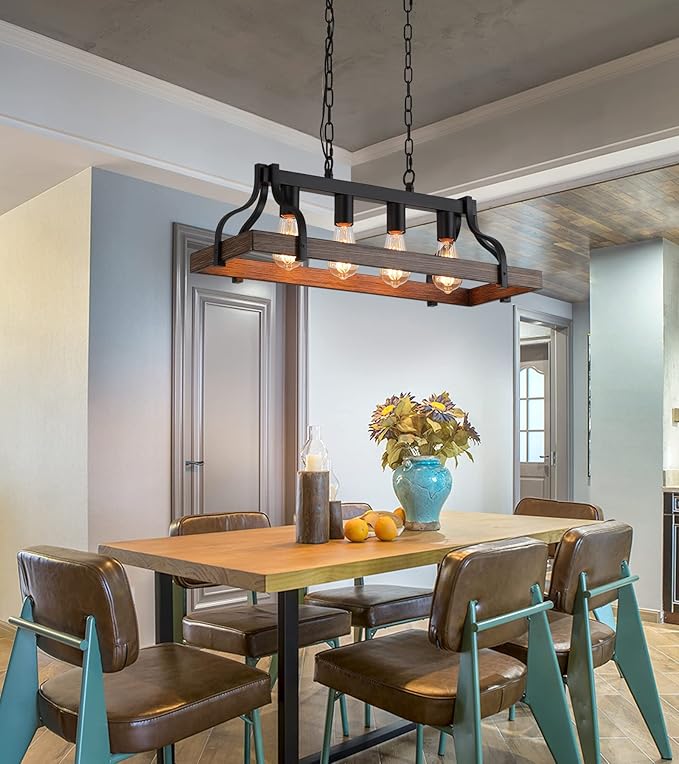 Rustic Kitchen Island Dining Room Light Fixture Farmhouse Linear Chandelier Black and Retro Wood Finish 4-Light Industrial Metal Hanging Pendant Light UL Listed L28.3 W10.6