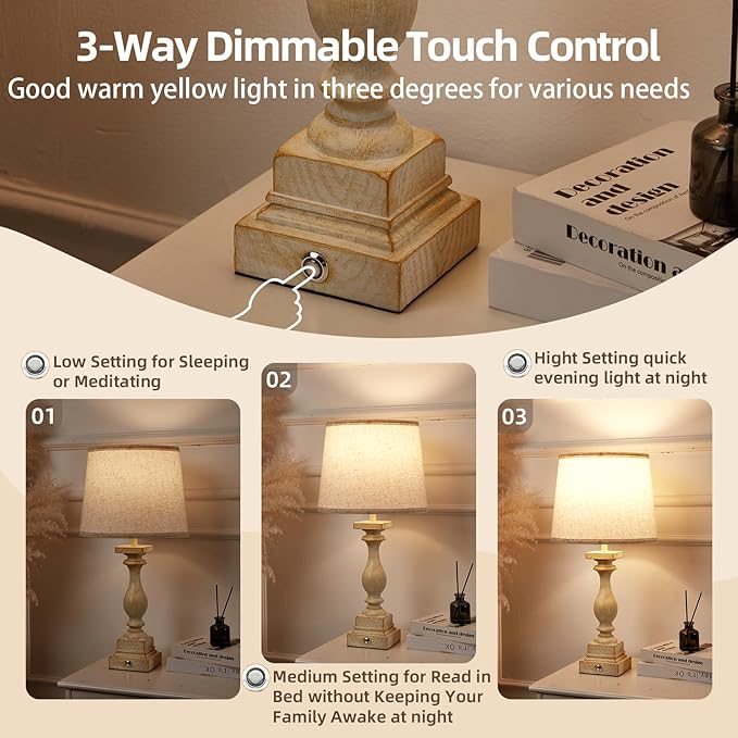 Touch Lamps for Bedroom Set of 2,Bed-Side Table Lamps with 2 USB Ports, Bedroom Lamps with 3-Way Dimmable,23" Tall Table Lamps for Living Room/Night-Stand, Bonus 2 Bulbs