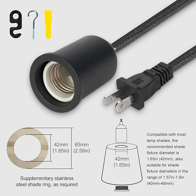 Plug in Pendant Light Cord with Switch,Braided Hanging Lamp Kit with Ceramic Bulb Socket,DIY Lamp Shade Replacement Cord,Swag Light kit Fixture Fabric Wrapped Cable 15ft Black