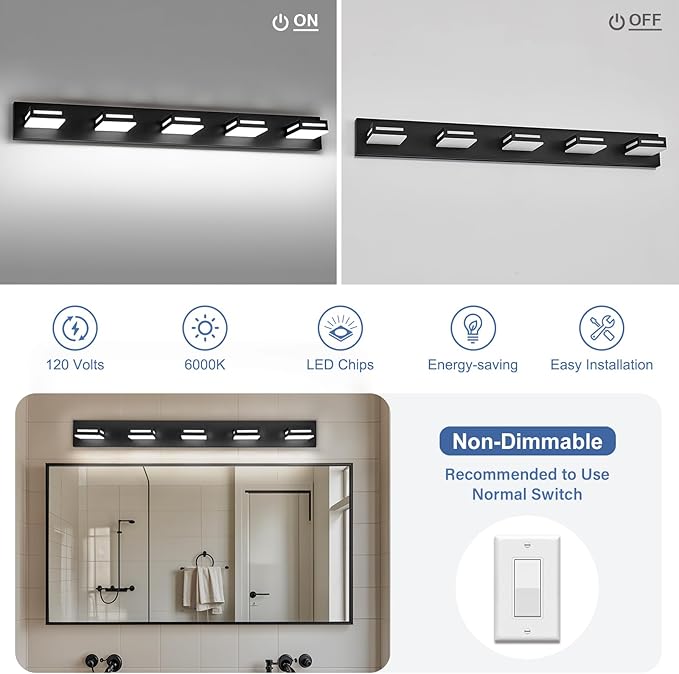 40-Inch 5-Light LED Modern Black Bathroom Vanity Light Fixtures Over Mirror, Bathroom Lighting Fixtures with Cool White 6000K, Vanity Wall Lights for Bath Restroom Powder Room