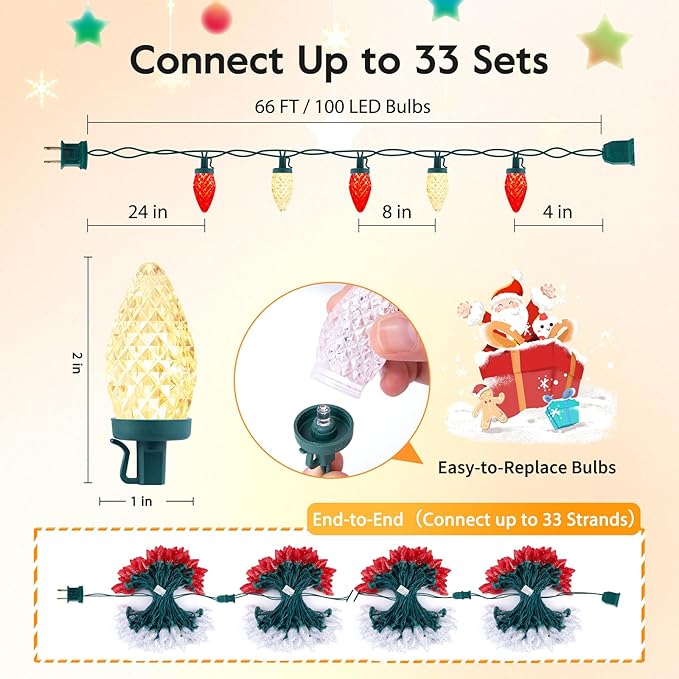 Brightown C9 LED Christmas String Lights, 2 Pack Total 132ft 200LED Outdoor Lights String, Plug-in Connectable Waterproof Roofline Lights String for Outside Yard Christmas Holiday Decor