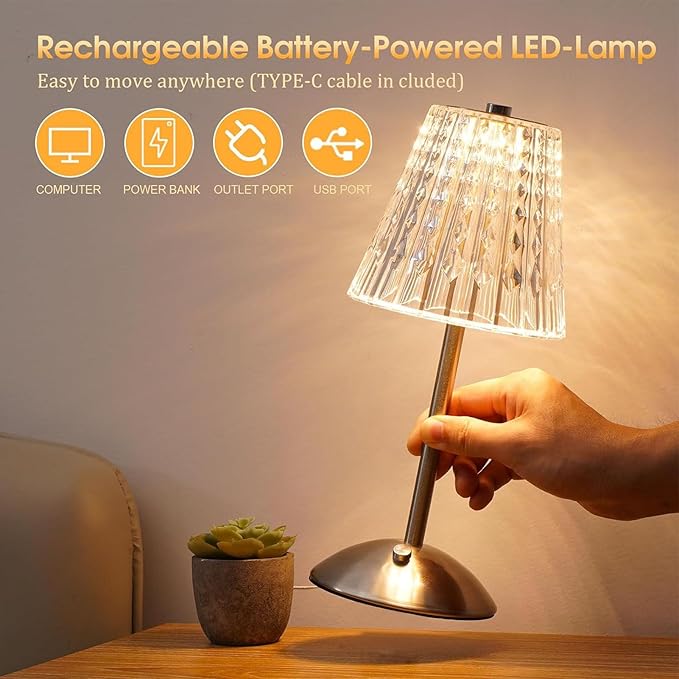 Diydeg Cordless Table Lamp, Touch Control Stepless Dimmable Crystal Table Lamp with 3 Modes, Rechargeable Battery Operated Small Nightstand Lamp for Bedroom, Living Room