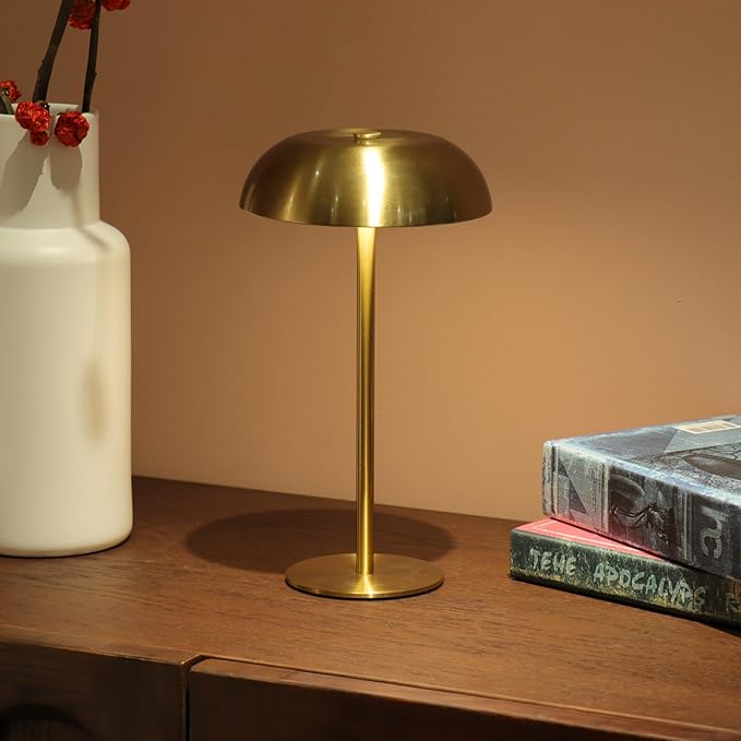 Portable Mushroom Table Lamp with 5200mAh Battery, 11'' Cordless LED Night Light with Stepless Dimming, 3 Color Modes & Adjustable Height for Bedroom/Patio/Bar Decor/Coffee Shop Ambiance (Gold-tall)