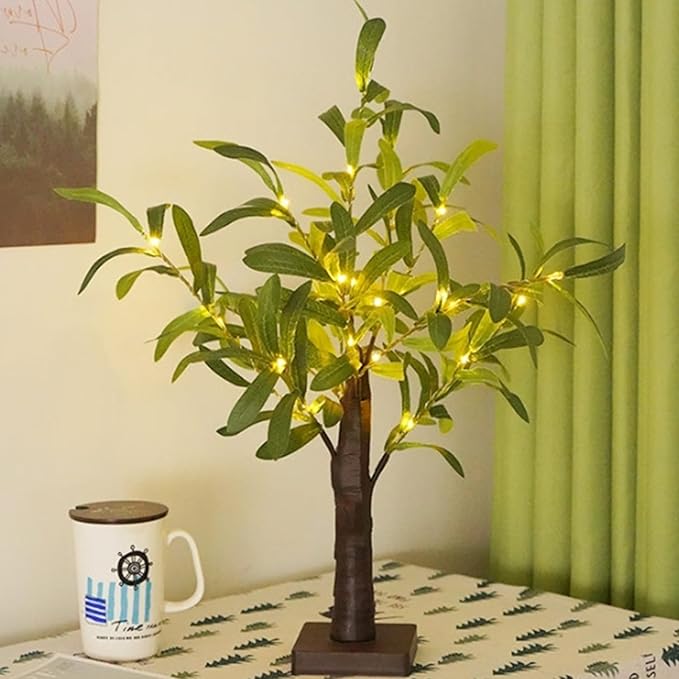 21.6Inch Olive Leaf Tree Light for Tabletop,Mini Light up Tree Bonsai Tree with Artificial Olive Leaves and 30 Warm White LEDs, for Fireplace Bedroom Home Party Wedding Christmas Decor