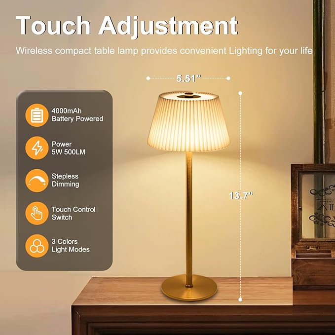 Small Table Lamp Rechargeable, 4000mAh LED Mini Cordless Lamps Gold Fabric Pleated Shade Battery Operated Lamp with 3 Colors Stepless Dimming Touch Lamps for /Bedroom/Bars/Outdoor Party/Camping,1 Pack