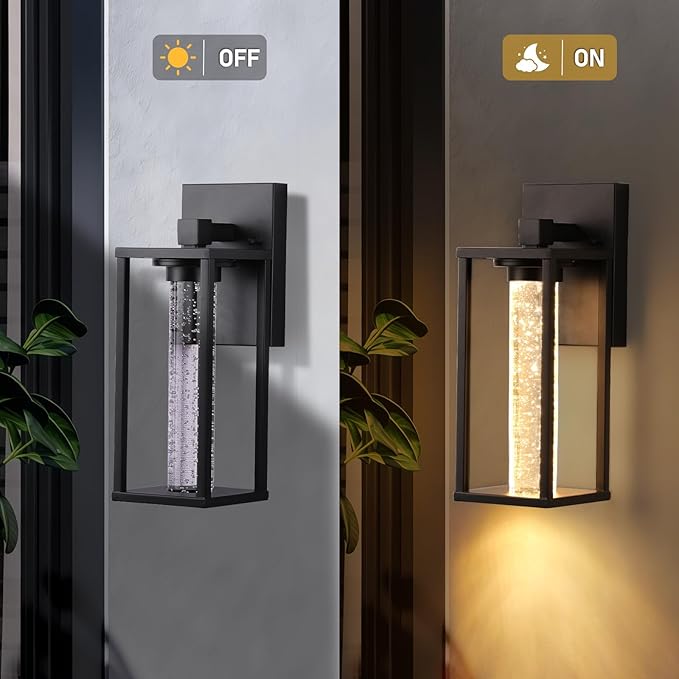 WIHTU Outdoor Light Fixture, LED Exterior Lighting Fixtures with Crystal Bubble, Matte Black Waterproof Outdoor Porch Lights for House, 2 Pack Outside Sconce Lighting for Patio Garage
