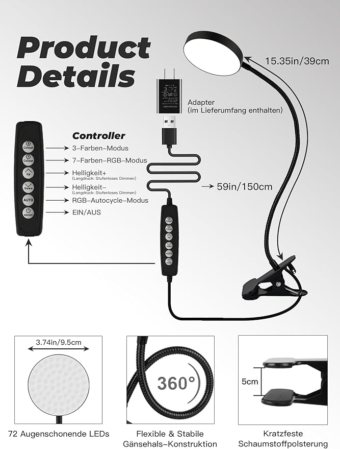 Desk Lamp,10 Colors RGB&Warm White Desk Light,10 Brightness Dimmable Clip on Lamp,500LM Bright Reading Light,USB Adapter Table Lamp for Office,Computer,Work,Study,Craft,Bedside Table,Bedroom