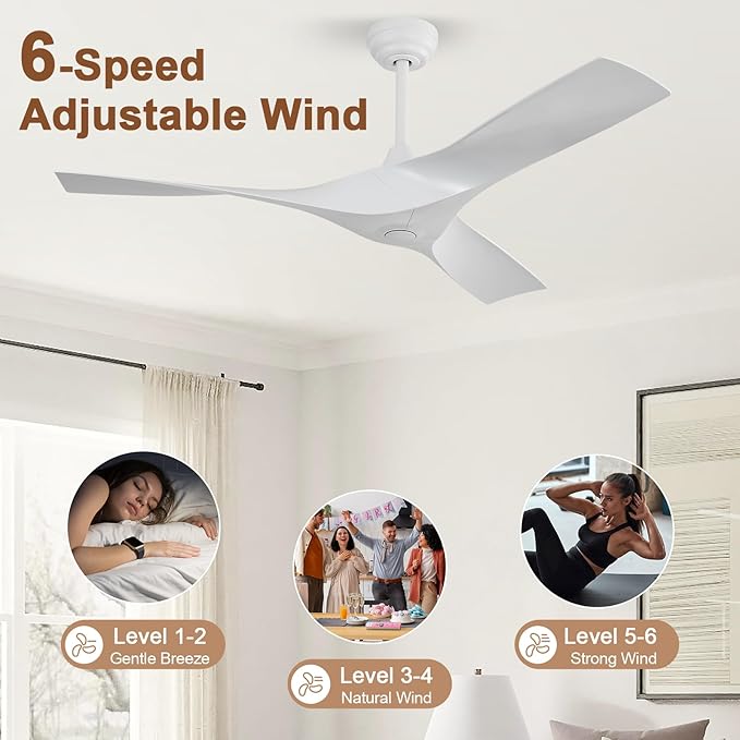 CACI Mall Ceiling Fan No Light, 52 inch Low Profile Flush Mount Modern Ceiling Fan with Remote Control and Reversible DC Motor, for Bedroom Living Room Patio Indoor Outdoor, White