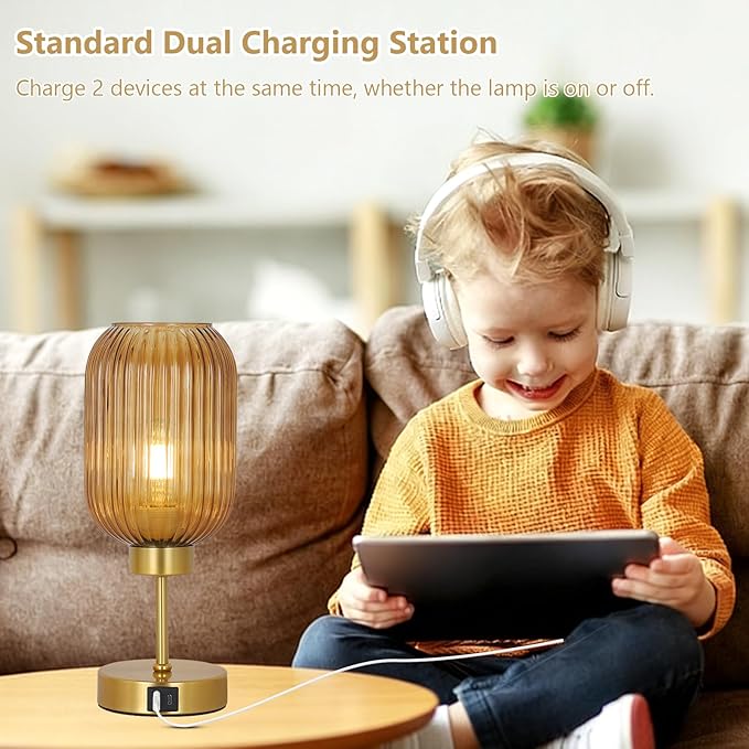 Vintage Gold Touch Table Lamp, Small Desk Lamp with Amber Glass Shade, Bulb, Charging Port, Mid Century Modern Bedside Lamp, 3 Way Dimmable Nightstand Lamp for Bedroom Living Room Home Office