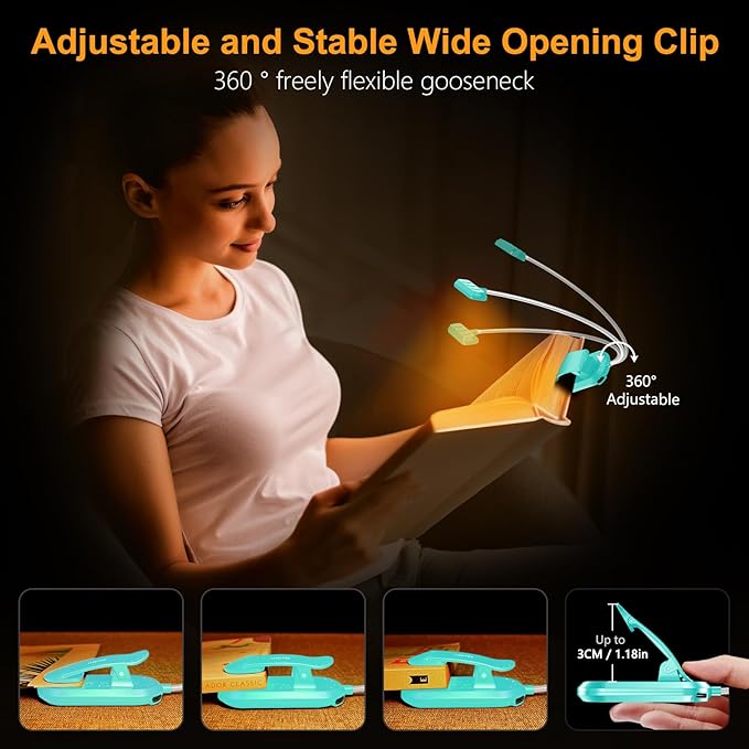 Gritin Rechargeable Book Light for Reading in Bed with 19 LED &Memory Function-Eye Caring 3 Color Temperatures,5 Brightness Levels,90 Hrs Runtime Flexible Goose Neck Clip on Light-Blue