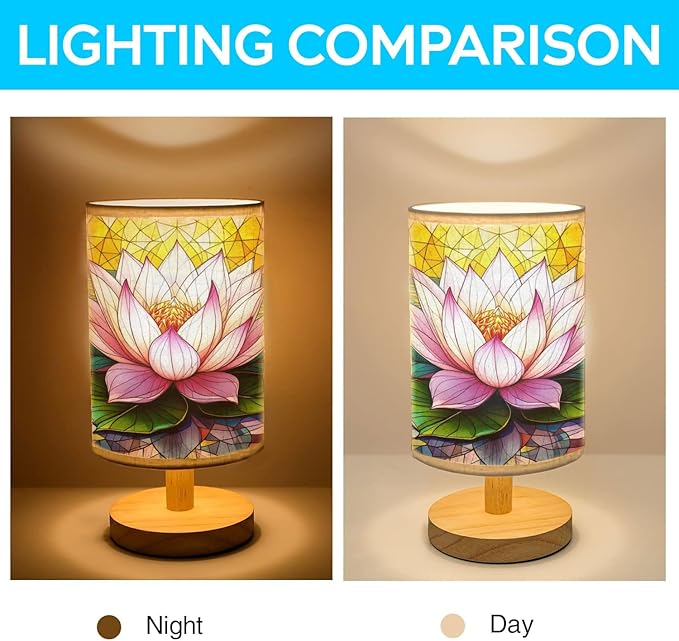Lotus Table Lamp LED 3-Color Pressed Bedside, Lotus Shade Lamp with Wood Base for Bedroom Living Room Desk Office TL01