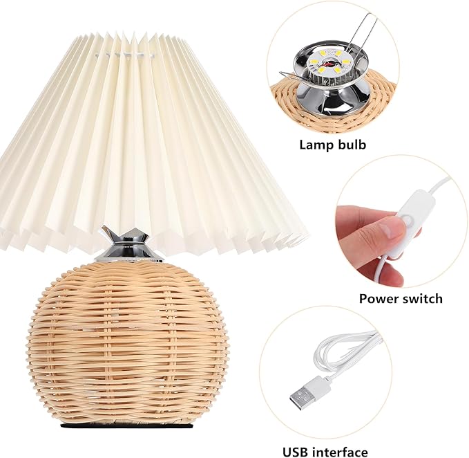 STOBAZA Table Lamp with Pleated Lampshade Small Night Light USB Port Soft Ambient Light for Bedroom Office Dormitory 11.02X9.44X9.44In Compact Bedside Desk Lamp