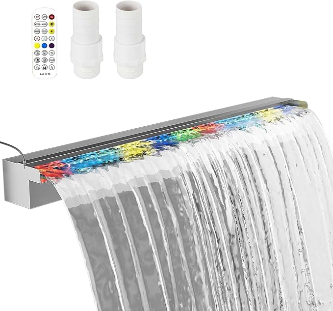 Pool Fountain Stainless Steel Waterfall with LED Lights - 35.4" LED Strip Remote Control with 18 Colors, Smooth Water Flow & Cascade Blade, Easy Installation for Outdoor, Garden, Patio & Ponds