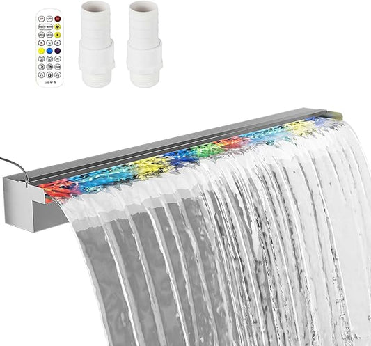 Pool Fountain Stainless Steel Waterfall with LED Lights - 35.4" LED Strip Remote Control with 18 Colors, Smooth Water Flow & Cascade Blade, Easy Installation for Outdoor, Garden, Patio & Ponds