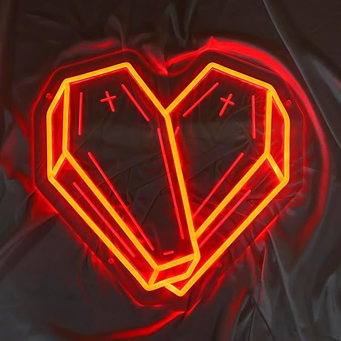 Cross Coffin Heart Neon Sign – Gothic LED LIghts Wall Decor for Bedrooms, Gallery Walls, and Dark Aesthetic Spaces – Unique Gift for Alternative & Goth Lovers – 13.5" x 13.5"