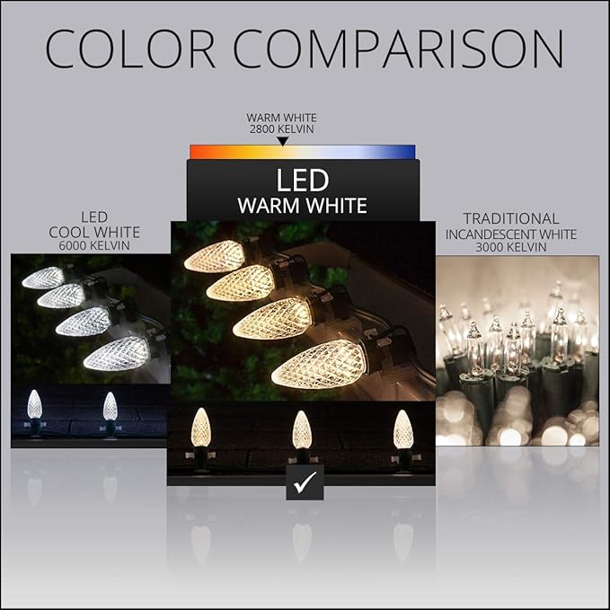 Wintergreen Lighting 50 C9 OptiCore LED Commercial Outdoor Christmas Lights – Heavy Duty Christmas String Lights; Green Wire (50 ft, Warm White)