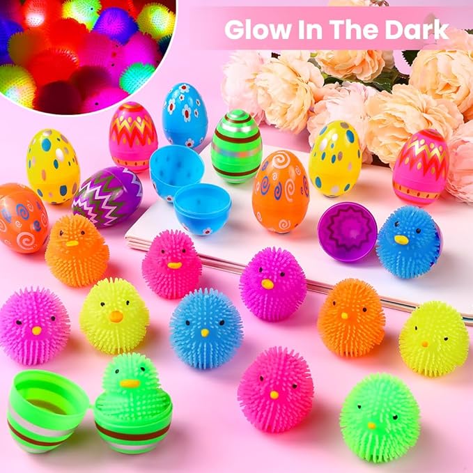 JOICEE 24 Pack Easter Eggs Filled LED Chick Duck Puffer Balls,Light Up Glowing Stress Relief Fidget Squeeze Sensory Soft Ball for Kids Easter Basket Stuffers Easter Eggs Hunt Gifts Party Favors