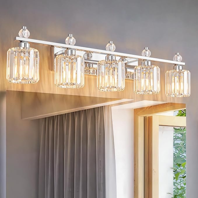 Bathroom Vanity Lights 5-Light Chrome Modern Crystal Vanity Light Fixtures Over Mirror Crystal Bathroom Vanity Lighting Fixtures