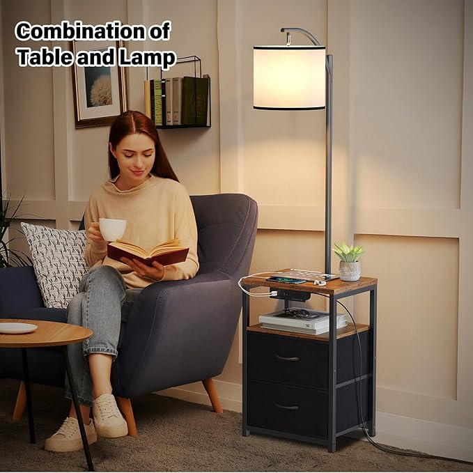 SUNMORY Floor Lamp with Table & 2 Drawers, Lamp with USB Port and Outlet, Nightstand with 3 Color Temperature Led Bulb Included, Floor Lamps for Living Room, Bedroom and Home Office, Rustic Brown