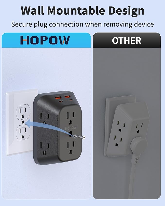 USB Wall Charger Surge Protector, HOPOW 6 Outlet Extender with 4 USB Charging Ports (2 USB C), 3-Sided 1050J Multi Plug Wall Outlet, Wall Mount for Home Travel Office, Black