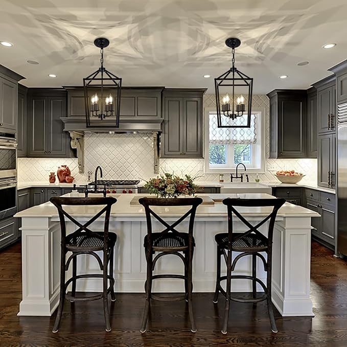 4-Light Black Farmhouse Chandelier Iron Lantern Pendant Light Rustic Cage Hanging Light Fixtures Industrial Foyer Lights for Kitchen Island Dining Room Hallway Foyer Entryway