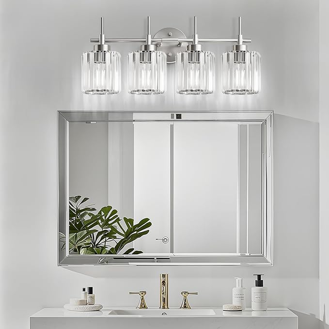 Crystal Bathroom Vanity Lights, 4 Light Bath Mirror Light Brushed Nickel Round Crystal Wall Mount Light Fixture Over Mirror Morden for Living Room