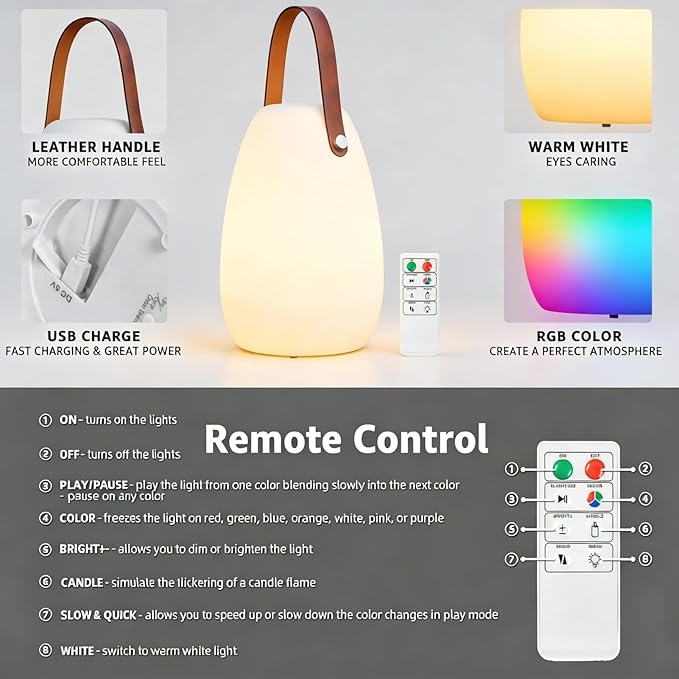 uuffoo Rechargeable Portable Table Lamp, Cordless RGB Lantern with Remote, Decorative LED Night Light, IP44 Waterproof Indoor Outdoor Lamp for Bedroom Patio Garden Wedding Party