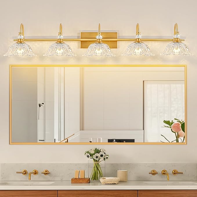 Gold Bathroom Vanity Light, 5-Light Brushed Gold Finish Vanity Light with Floral Clear Glass Shades, Vintage Wall Mount Lighting for Bathroom, Dressing Table