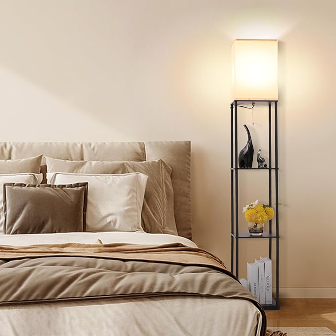 Floor Lamp with Shelves, Modern Square Standing Lamp with 3 Color Temperature Bulb, Corner Display Bookshelf Lamp for Living Room, Bedroom and Office (Black-2 Pack)