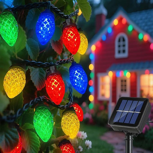 ITICdecor Solar String Christmas Lights C7 31ft 50 LED Colourful Strawberry Hanging Lights Outdoor Waterproof Green Wire Fairy Light Decoration for Garden Patio Yard Camping Party Gifts for Dad Mom