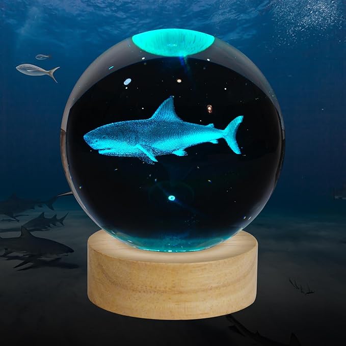 3D Crystal Ball Night Light, 3.15 Inch Glass Ball Lamp with 16 Color LED Wooden Base, Shark Night Light Decor for Birthday, Holiday, Christmas Gifts